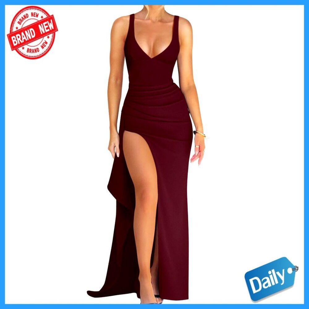 Plunge Neckline Bodycon Maxi Dress Ruched High Slit Adjustable Straps Party